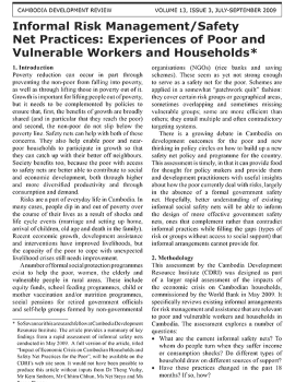 Informal Risk Management/Safety Net Practices: Experiences of Poor and Vulnerable Workers and Households
