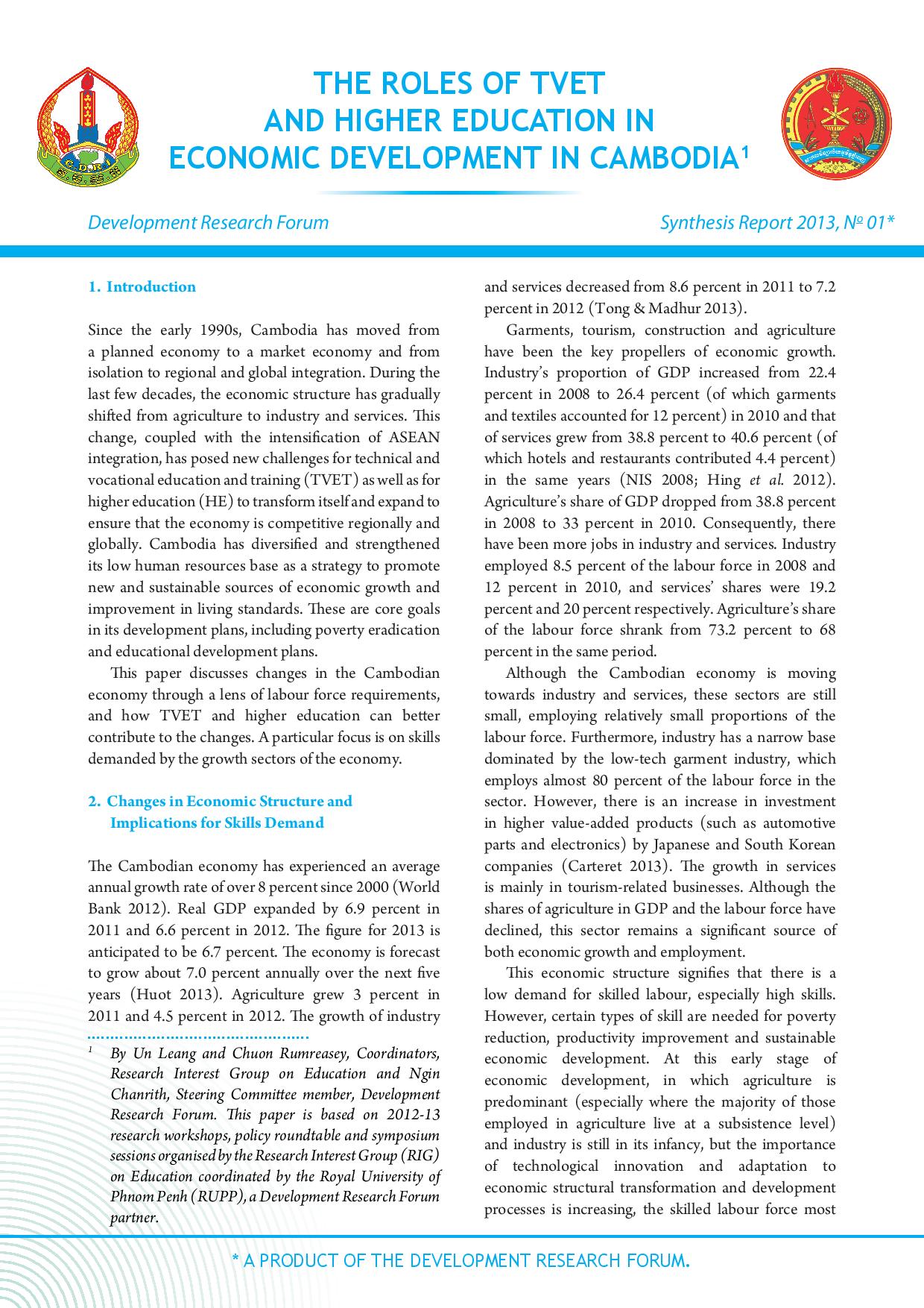 The Roles of TVET and Higher Education in Economic Development in Cambodia