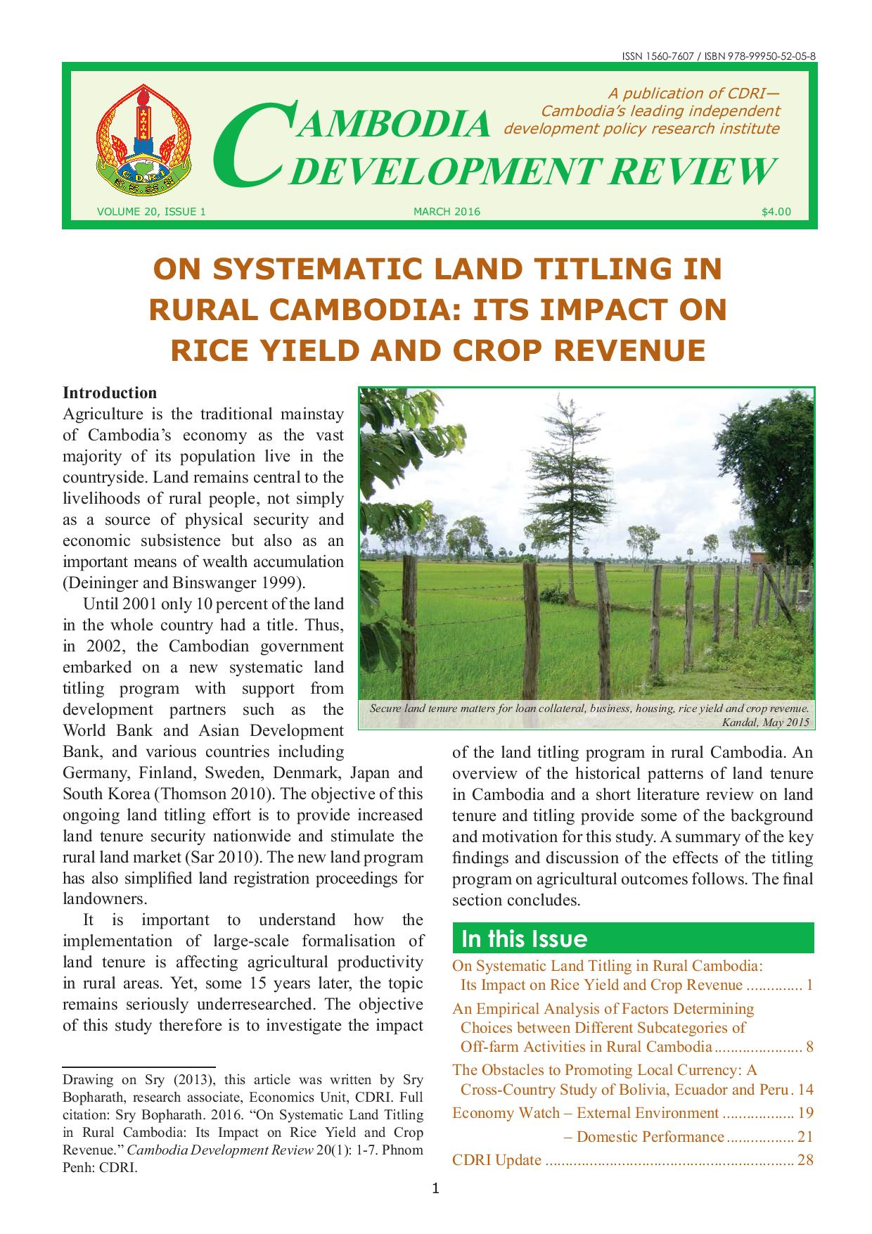 On Systematic Land Titling In Rural Cambodia: Its Impact On Rice Yield And Crop Revenue
