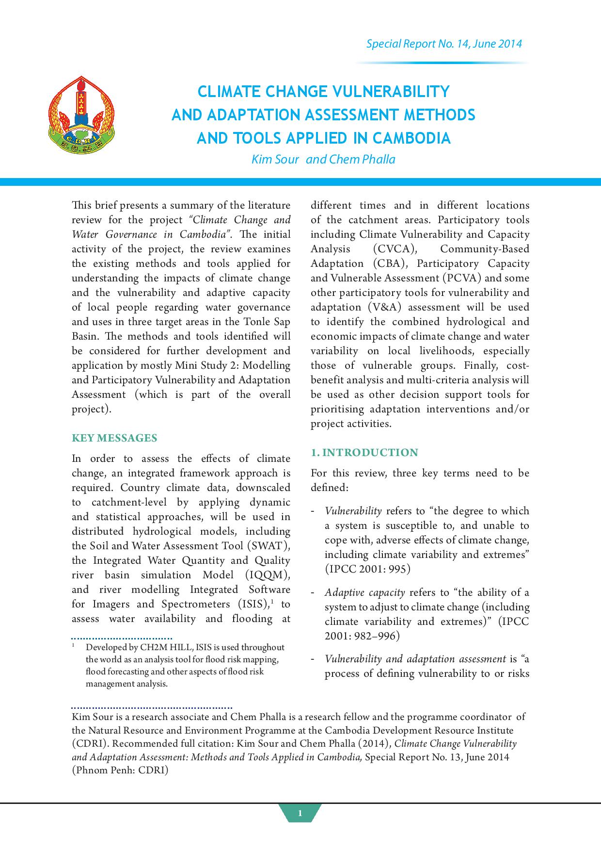 Climate Change Vulnerability and Adaptation Assessment Methods and Tools Applied in Cambodia